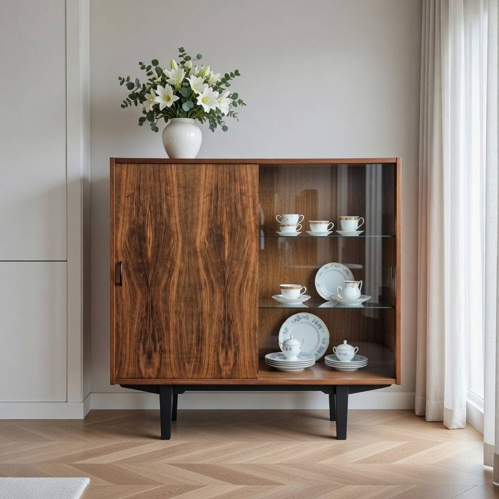 Restored "Violetta" Display Cabinet in Walnut & Mahogany – Poland 1960s
