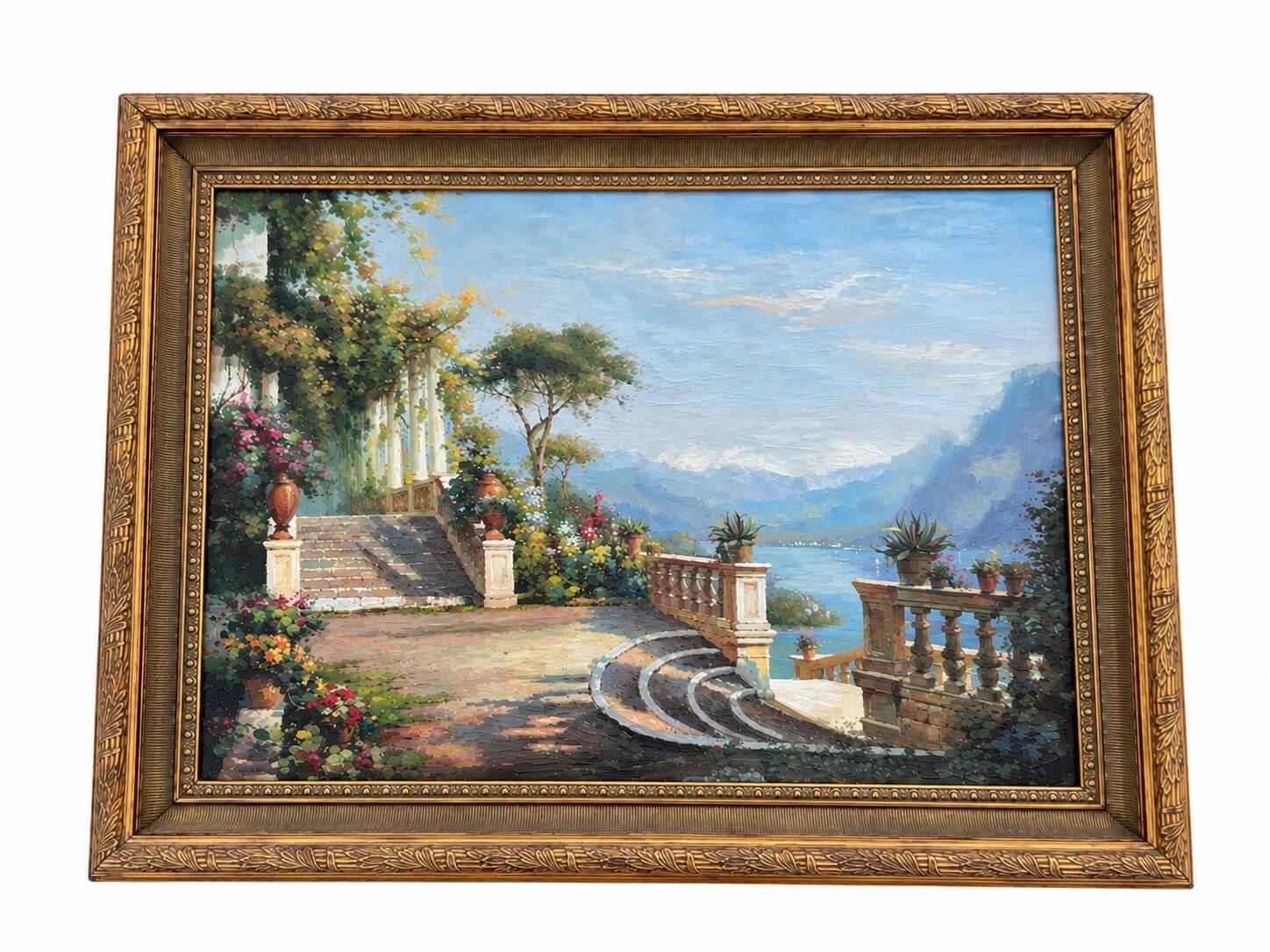 Large oil on canvas, Mediterranean terrace by the lake, signed, gilded frame.