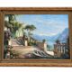Large oil on canvas, Mediterranean terrace by the lake, signed, gilded frame.
