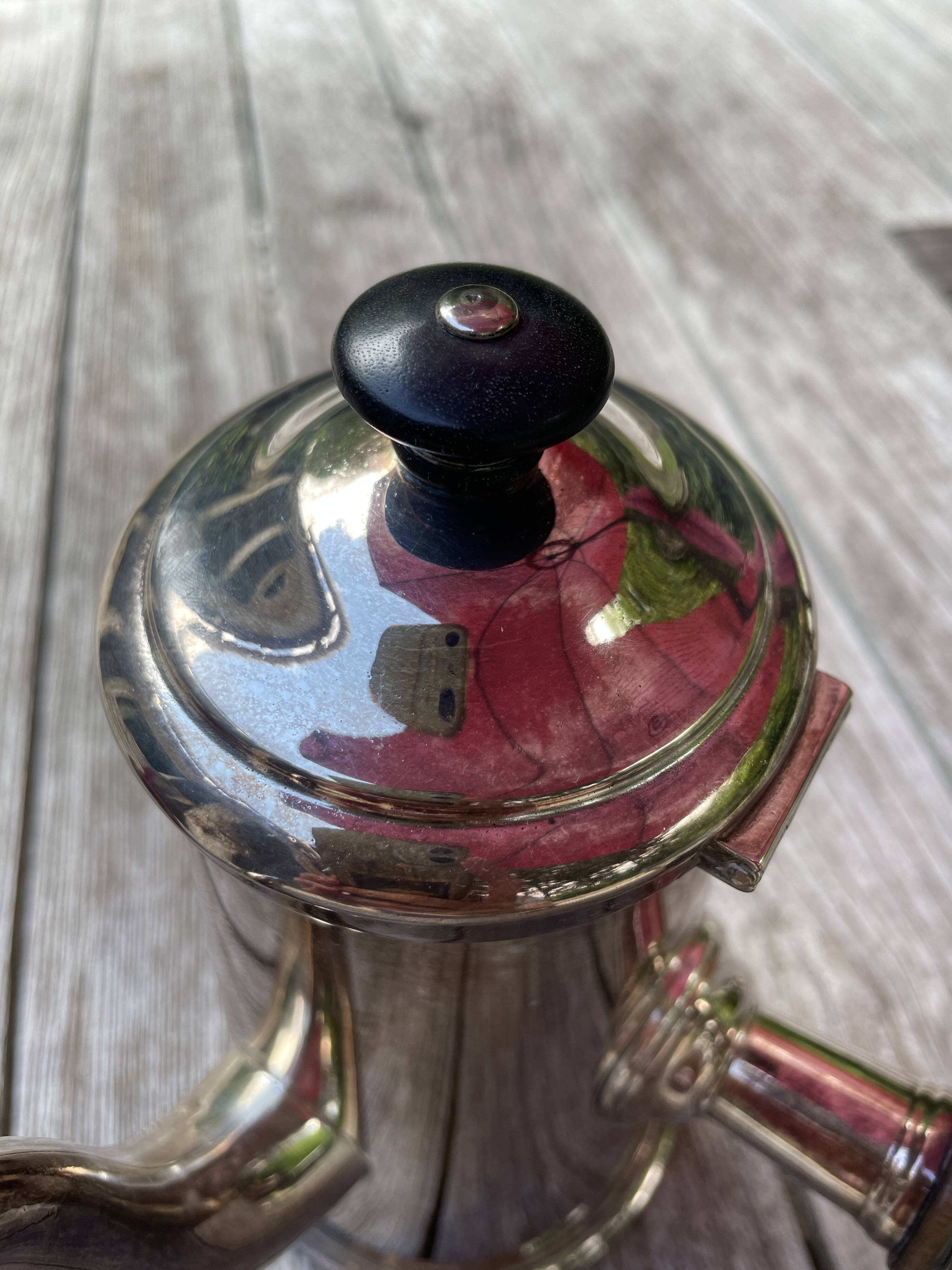 Silver chocolate pot with wooden handle and lid