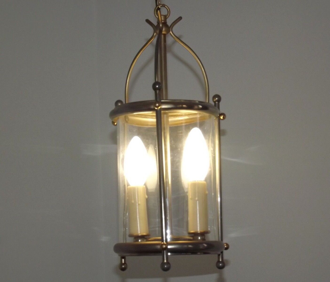 French vintage silver finished brass cylindrical glass 2 light hall lantern 3929