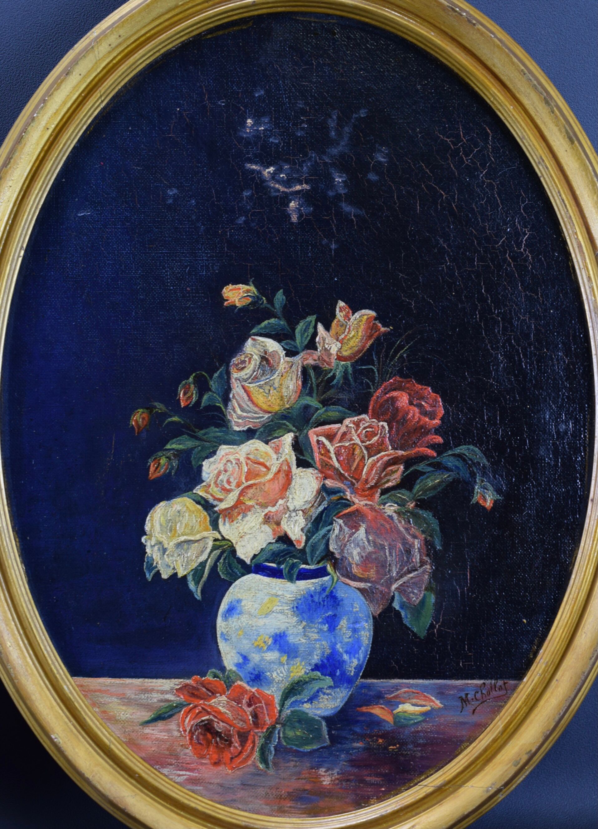 Pair of still life paintings bouquets oval golden frame