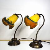 Pair of tulip swan neck bedside lamps in glass paste
