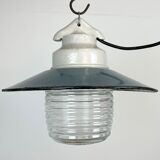 Industrial porcelain blue enamel pendant light with ribbed clear glass, 1970s