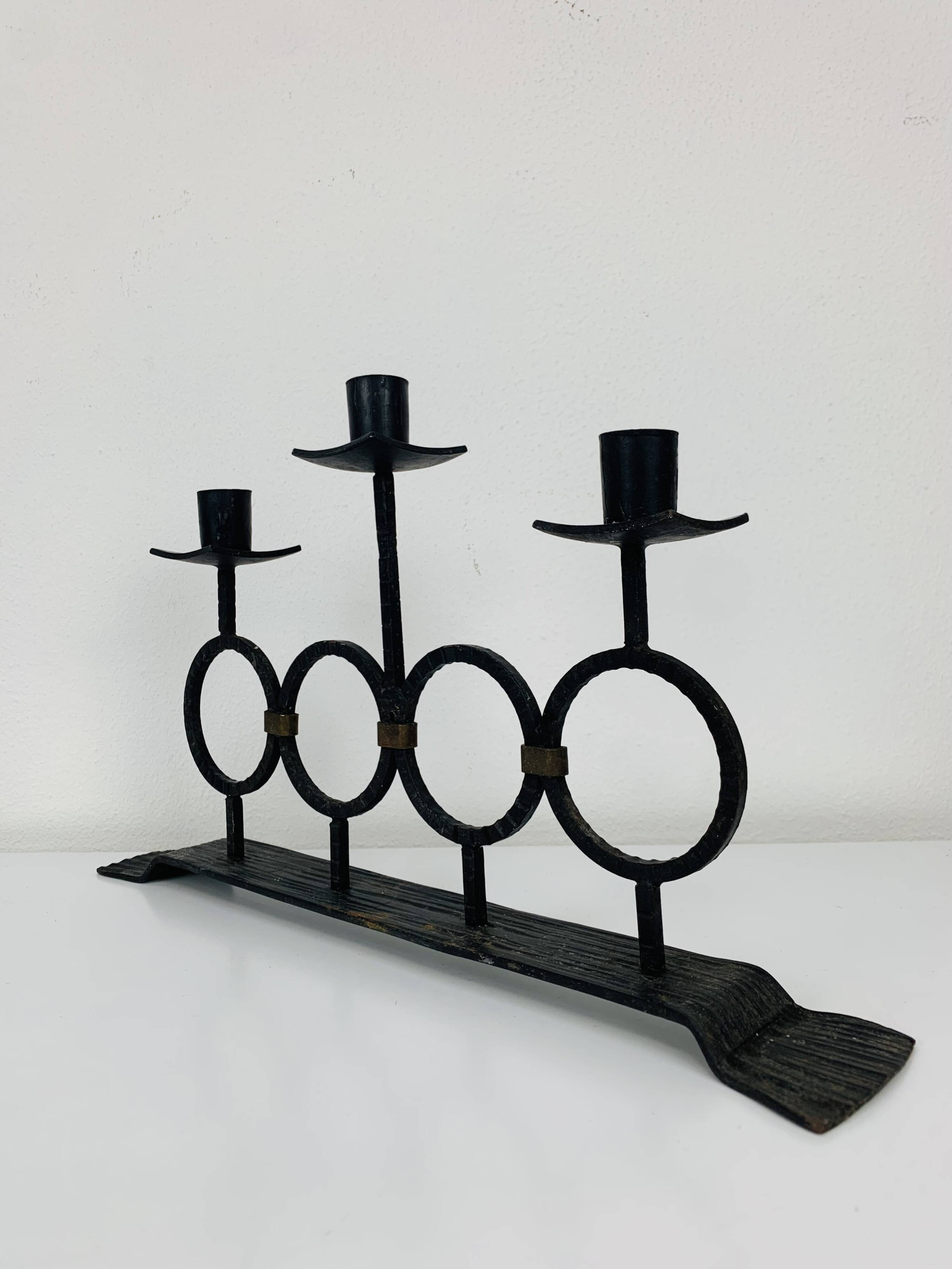 Vintage Brutalist Wrought Iron Triple Candle Holder