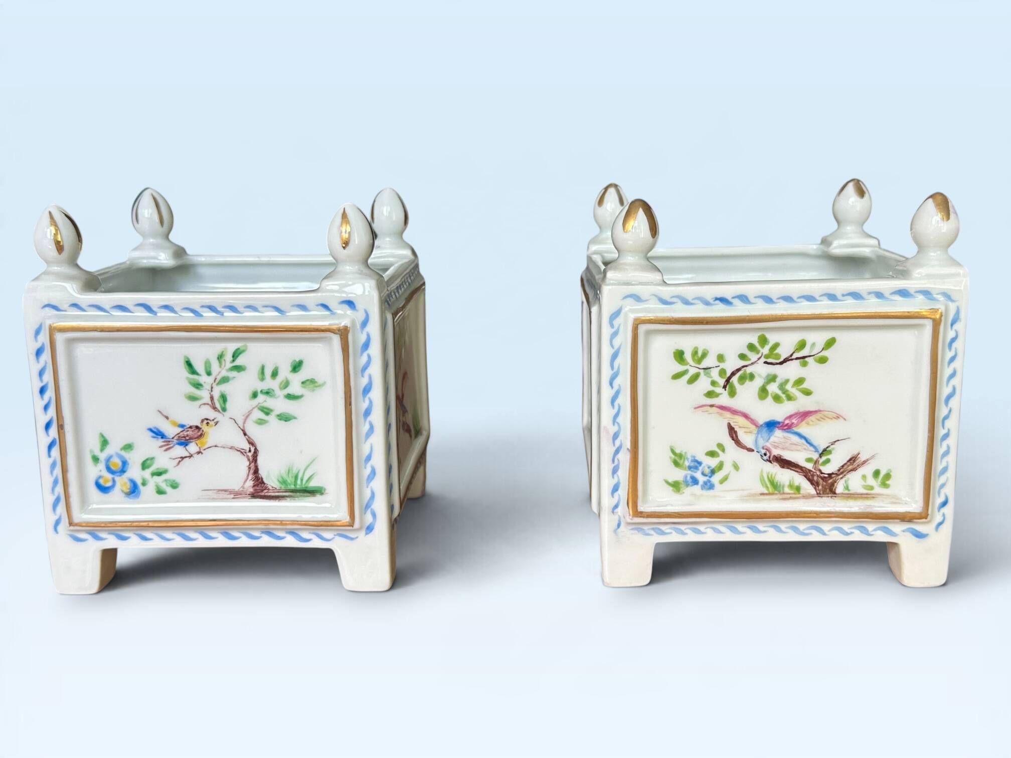 Pair of square flower pots, porcelain planters from Limoges, signed.