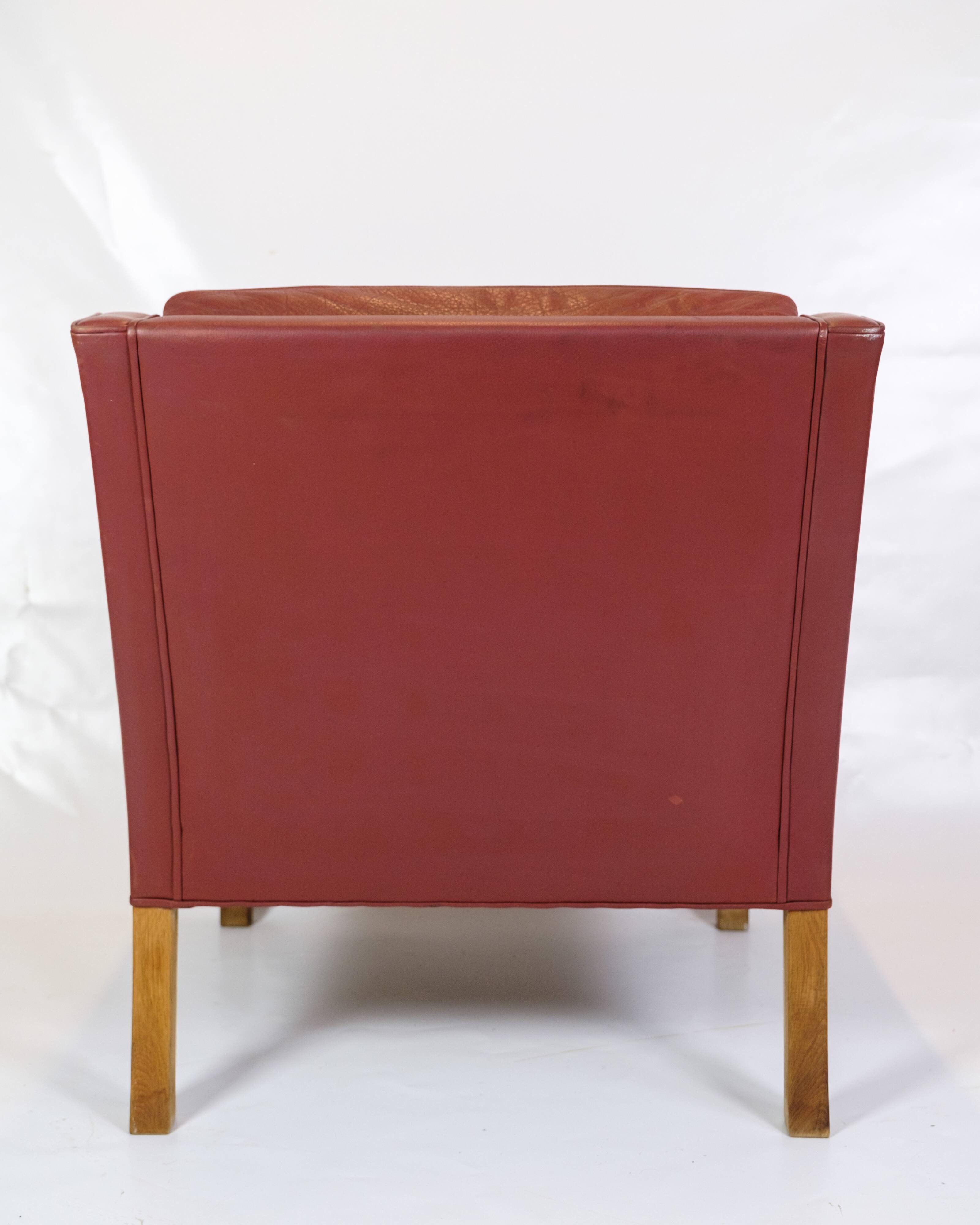 Armchair Model 2207 Made In Red Leather & Oak Frame By Børge Mogensen From 1960s