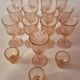 set of 12 stemmed glasses and 3 small vintage pink liqueur glasses in rosaline