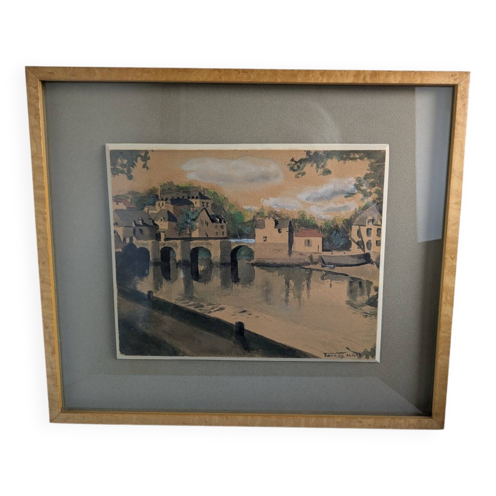 Watercolour signed 1949 framed with a magnifying glass.