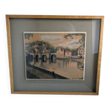 Watercolor signed 1949 framed magnifying glass