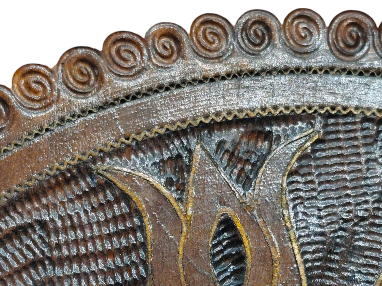 Vintage 1960s Hand-Carved Wooden Plate - Intricate Floral and Spiral