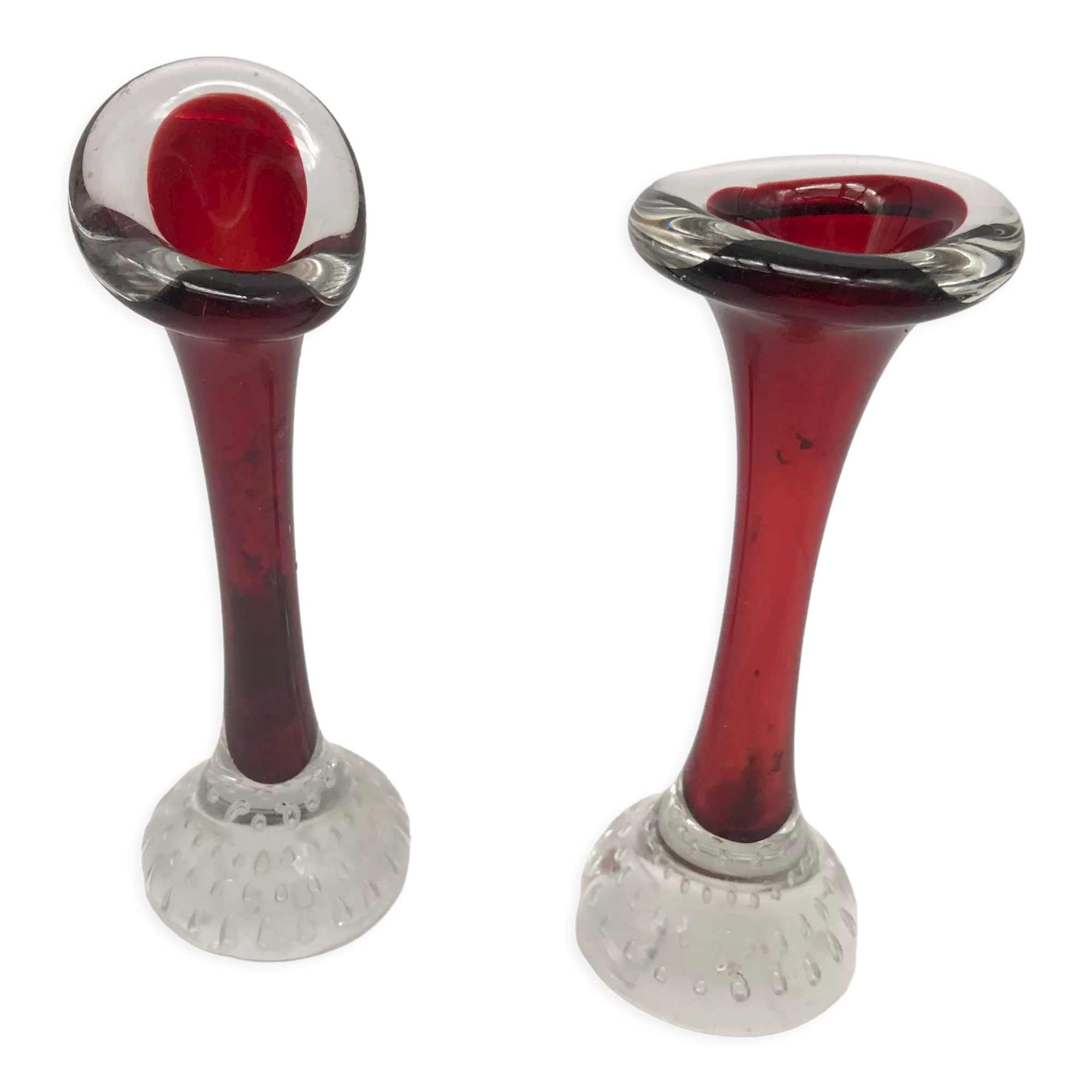 Duo of glass candle holders in the style of Murano
