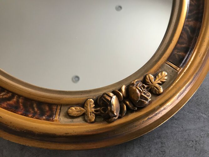 Miroir ovale art déco décor sculpture de roses  reliefs et dorures 50x40 cm