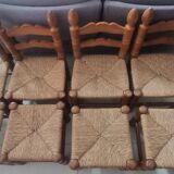 4 chairs and stools, brutalist art, straw and wood