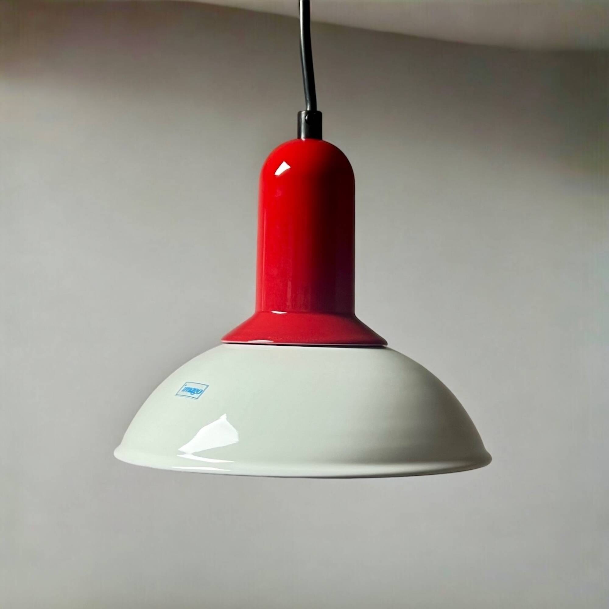 1980s Vintage Hanging Lamp by Imago Italy - Red and White Ceramic- New Old Stock.