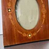 Antique Wood & mother of pearl Picture Frame with intarsia Convex glass