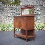Vintage wooden serving sideboard, furniture with mirror, storage unit