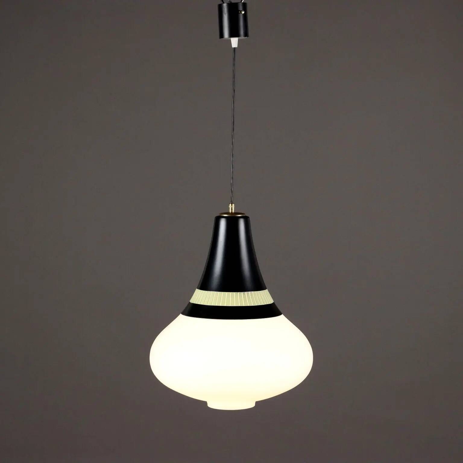 Vintage Stilnovo chandelier in aluminium and glass, Italy, 1960s.