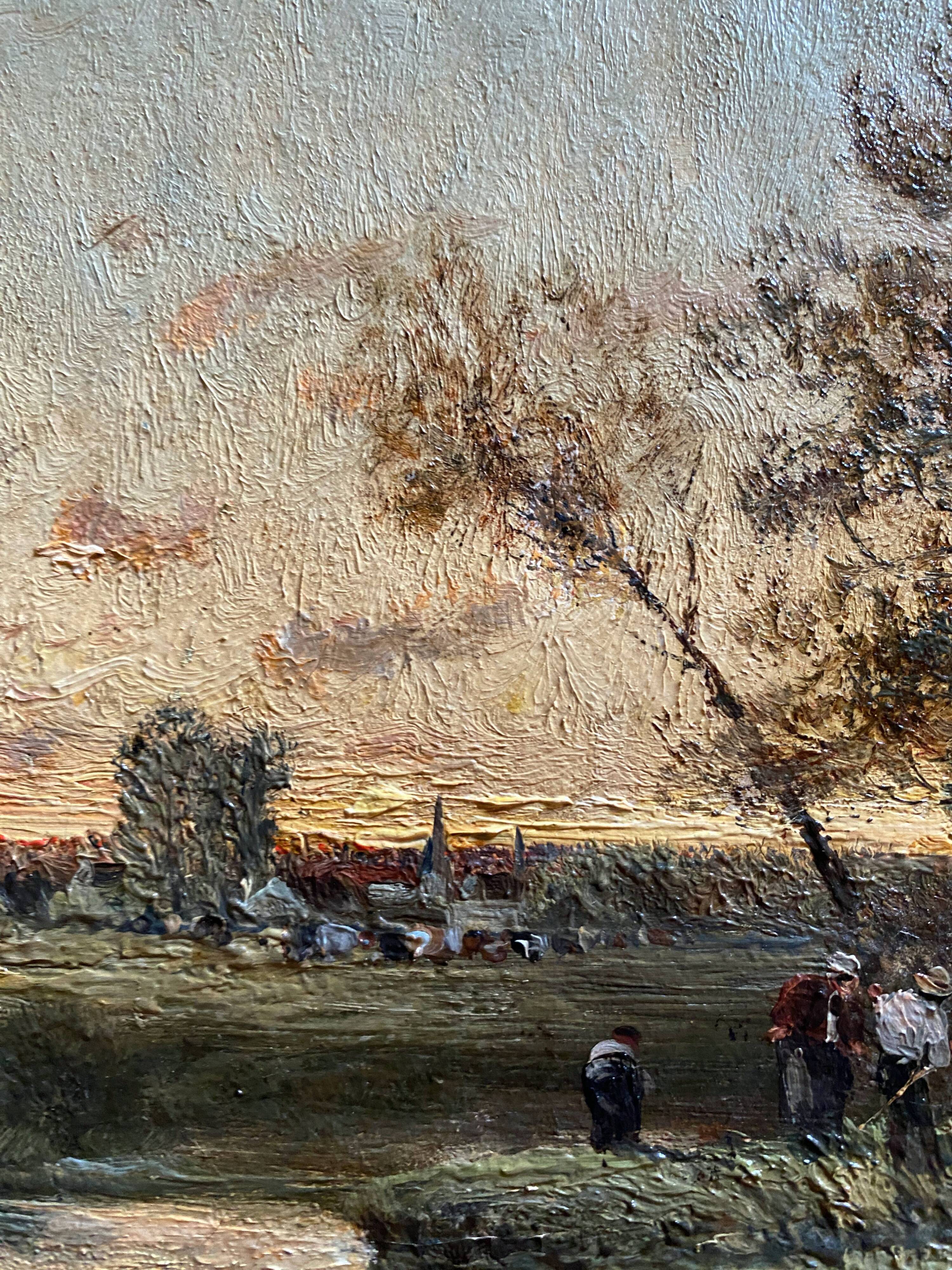 Impressionist painting "Animated twilight landscape" 19th century signed Barbizon