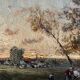 Impressionist painting "Animated twilight landscape" 19th century signed Barbizon