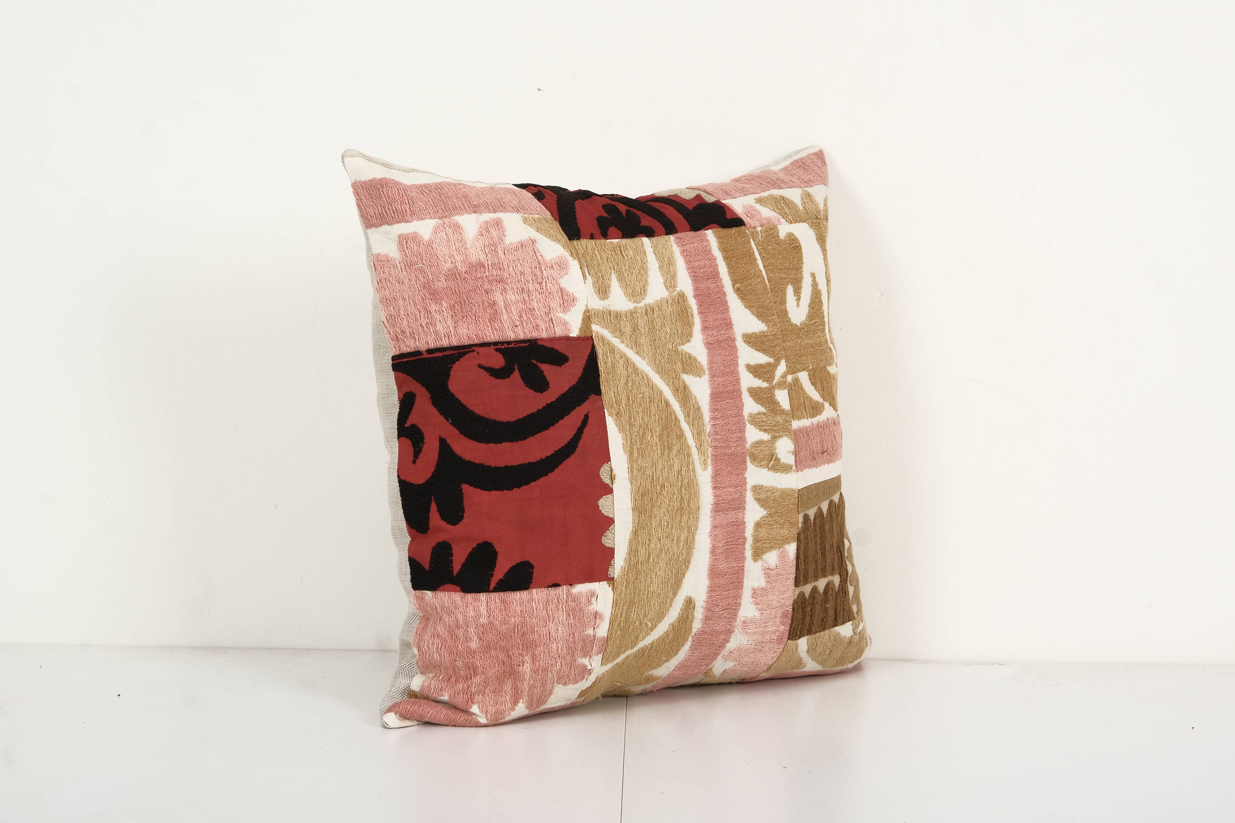 Pastel tashkent suzani square patchwork pillow case made from a 19th century suzani - uzbek abstract