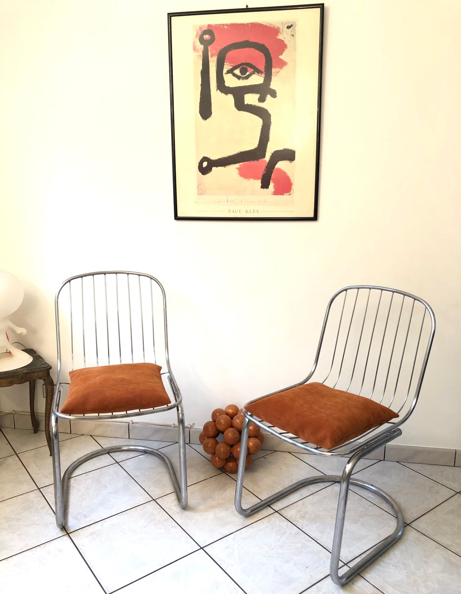 Pair of Cantilever chair design Gastone Rinaldi vintage 70 chrome steel wires