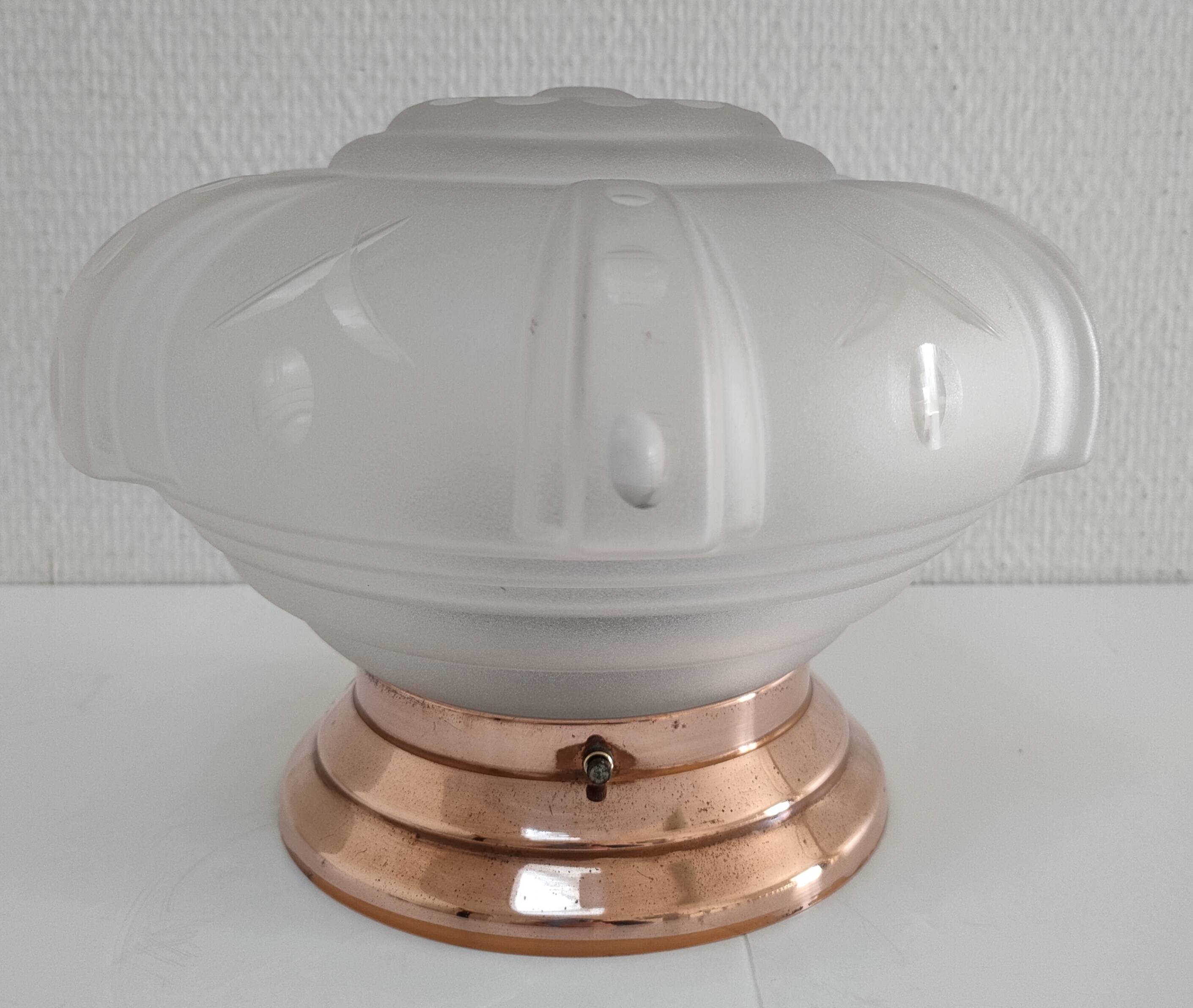 Plafonnier verre et cuivre Art Déco