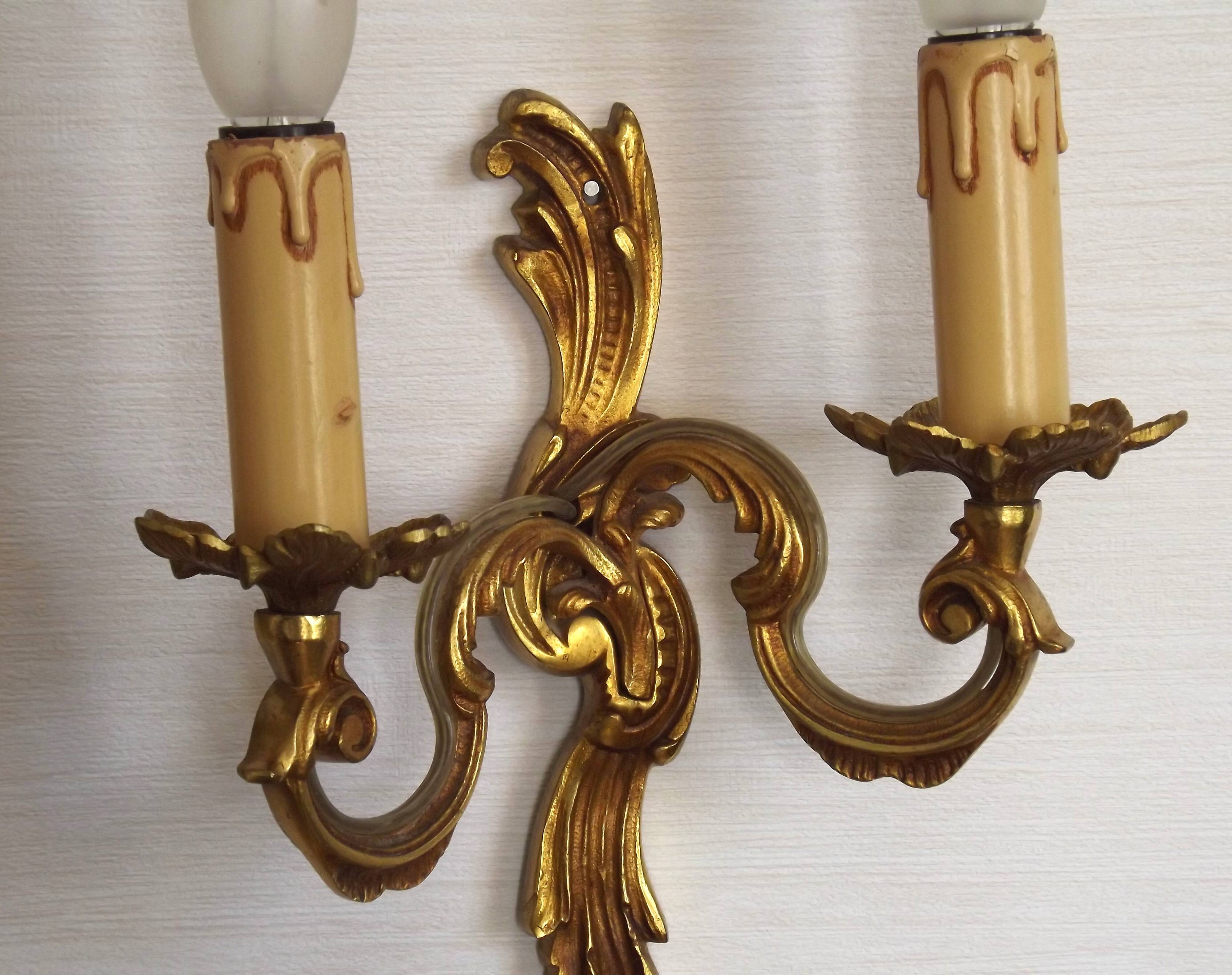Stylish Vintage French Bronze Double Wall Sconces with Acanthus Leaf Detail