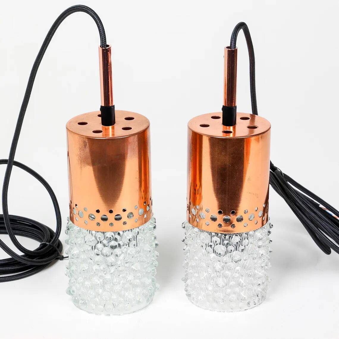 Pair of copper and bubble glass pendant lights by VEB NARVA Leuchten, year