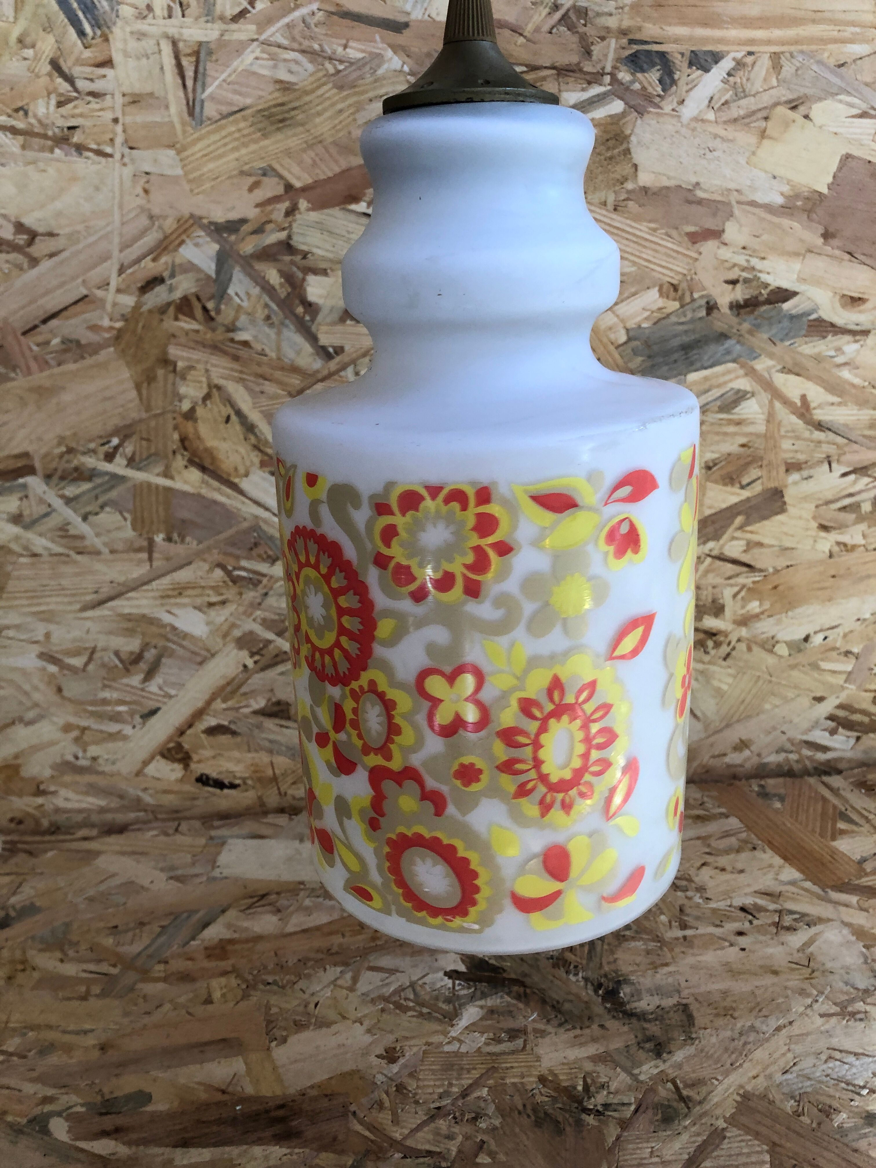 Old White Opaline Pendant Lamp + Yellow Orange Decor 70s Vintage