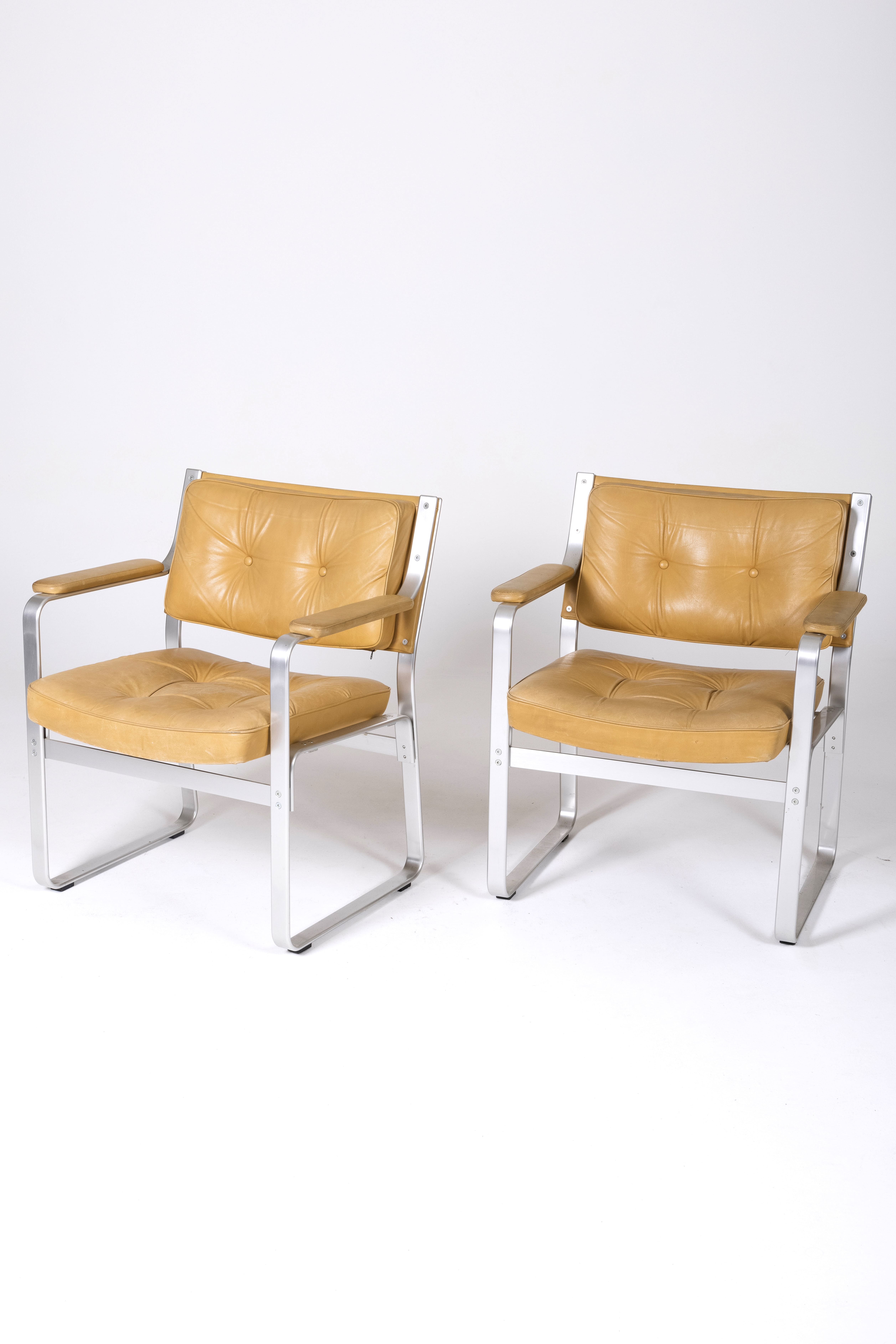 Leather and aluminum armchairs "Karl" by Erik Ekselius, 1960s