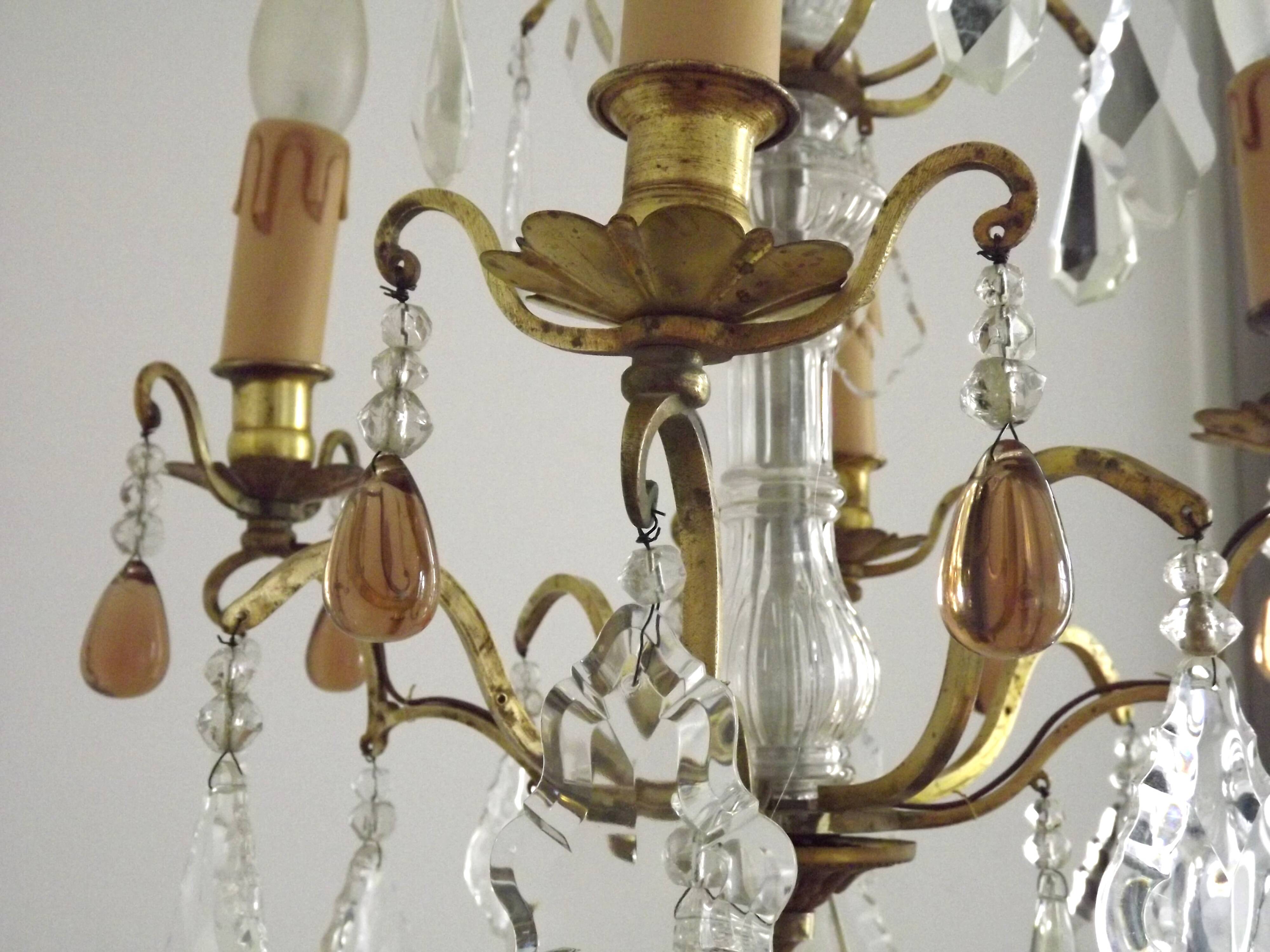 French vintage brass glass crystal 4 light chandelier with Murano droplets 4991
