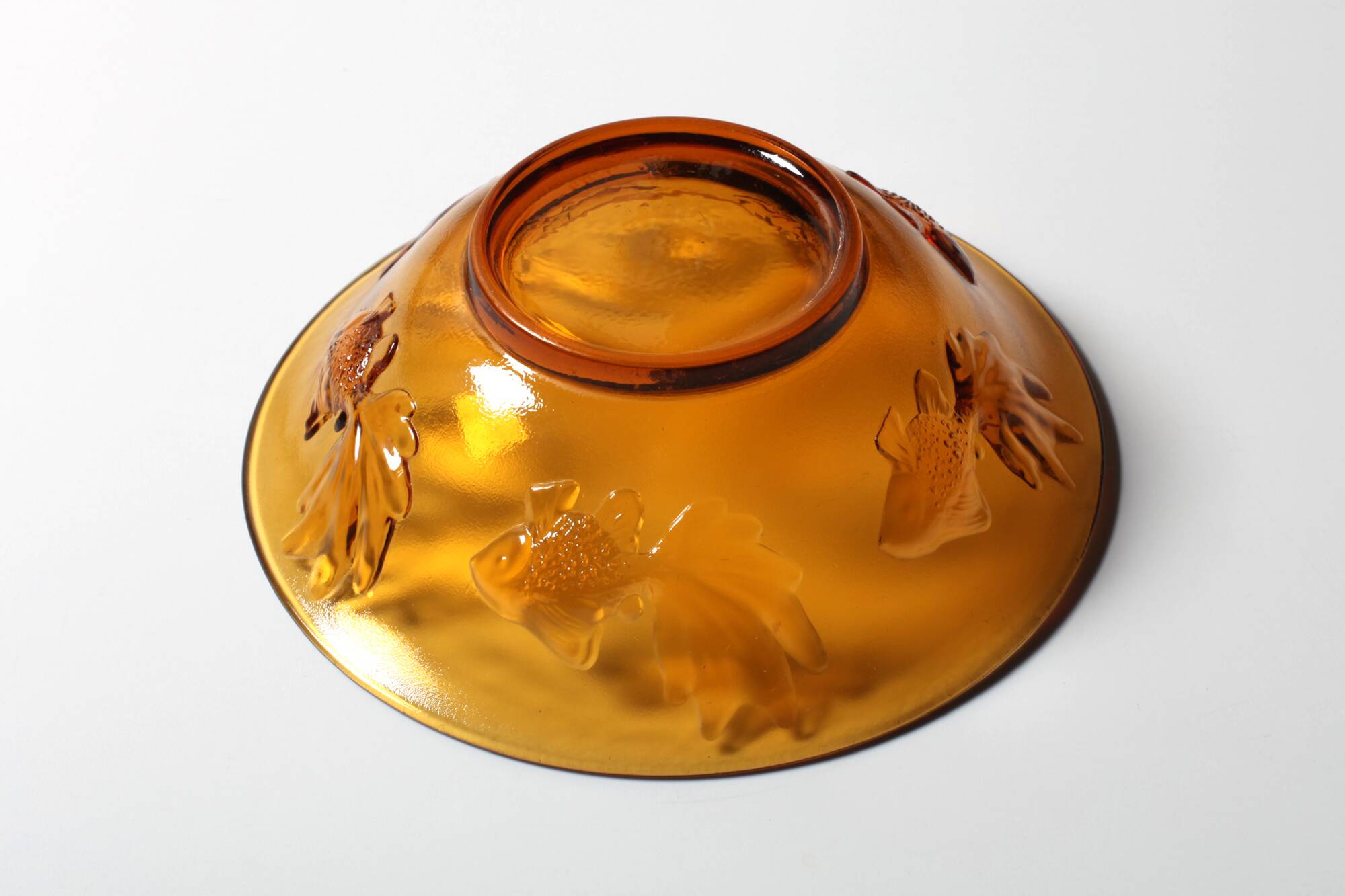 Vintage Amber Glass Bowl with Embossed Fish Pattern / Czech Repulic / 1980s