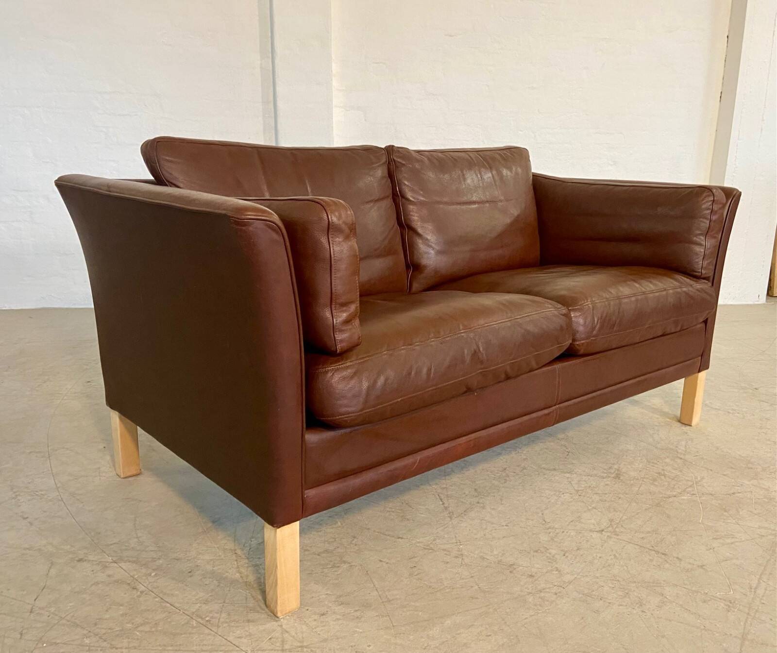 Danish mid-century vintage Mogens Hansen 2 person cognac brown leather sofa 60s