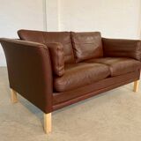 Danish mid-century vintage Mogens Hansen 2 person cognac brown leather sofa 60s