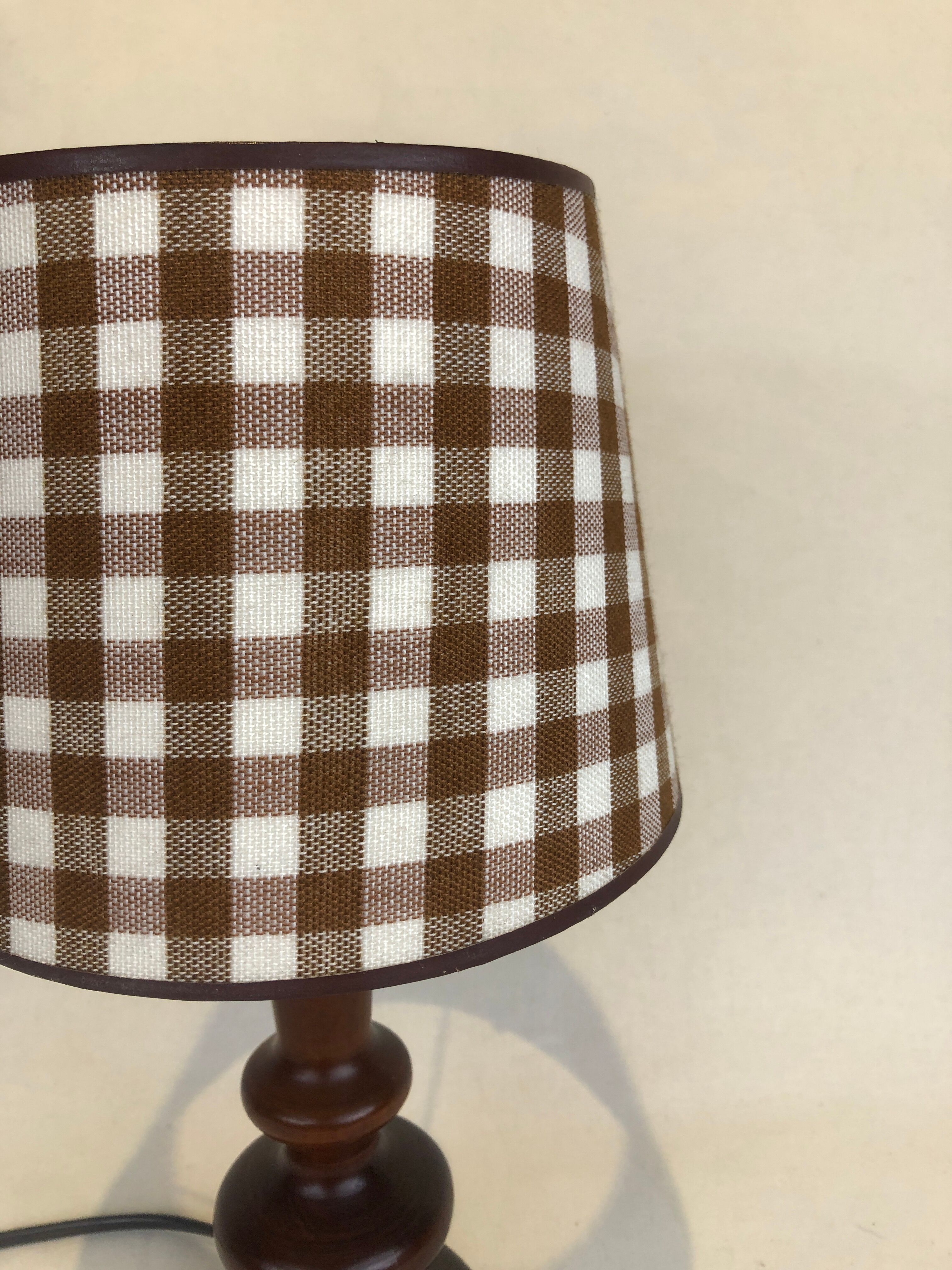 Wooden foot lamp brown tartan lampshade, cottage style