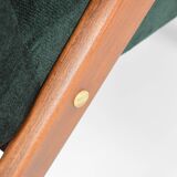 Fauteuil compas restauré, tissu vert forêt, bois de teck, 1960