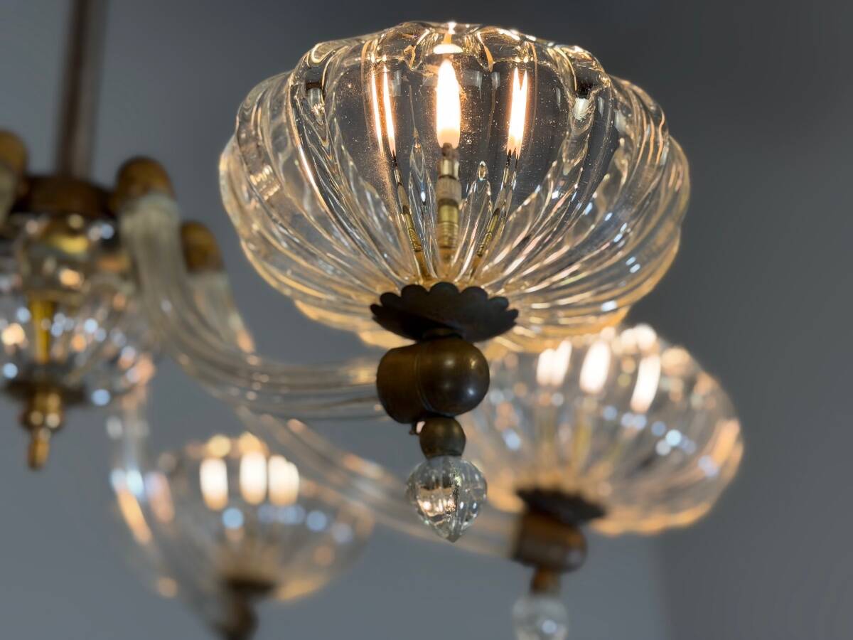 Lustre vénitien en verre de Murano et laiton, vers 1950