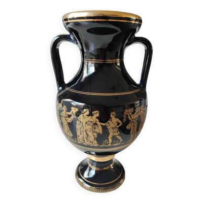 Vase forme boules, en céramique glacée. Scènes de vie de la Mythologie Grecque peint main, en or 24 c. Haut 22 cm