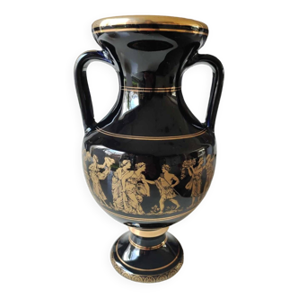 Ball-shaped vase, in glazed ceramic. Life scenes from Greek Mythology hand painted, in 24 c. gold. High 22 cm