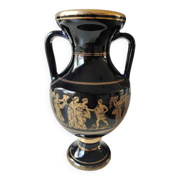Ball-shaped vase, in glazed ceramic. Life scenes from Greek Mythology hand painted, in 24 c. gold. High 22 cm