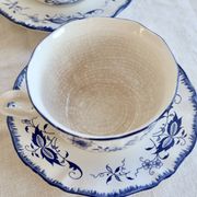 Old Lancaster cups and saucers in white earthenware with blue decoration.