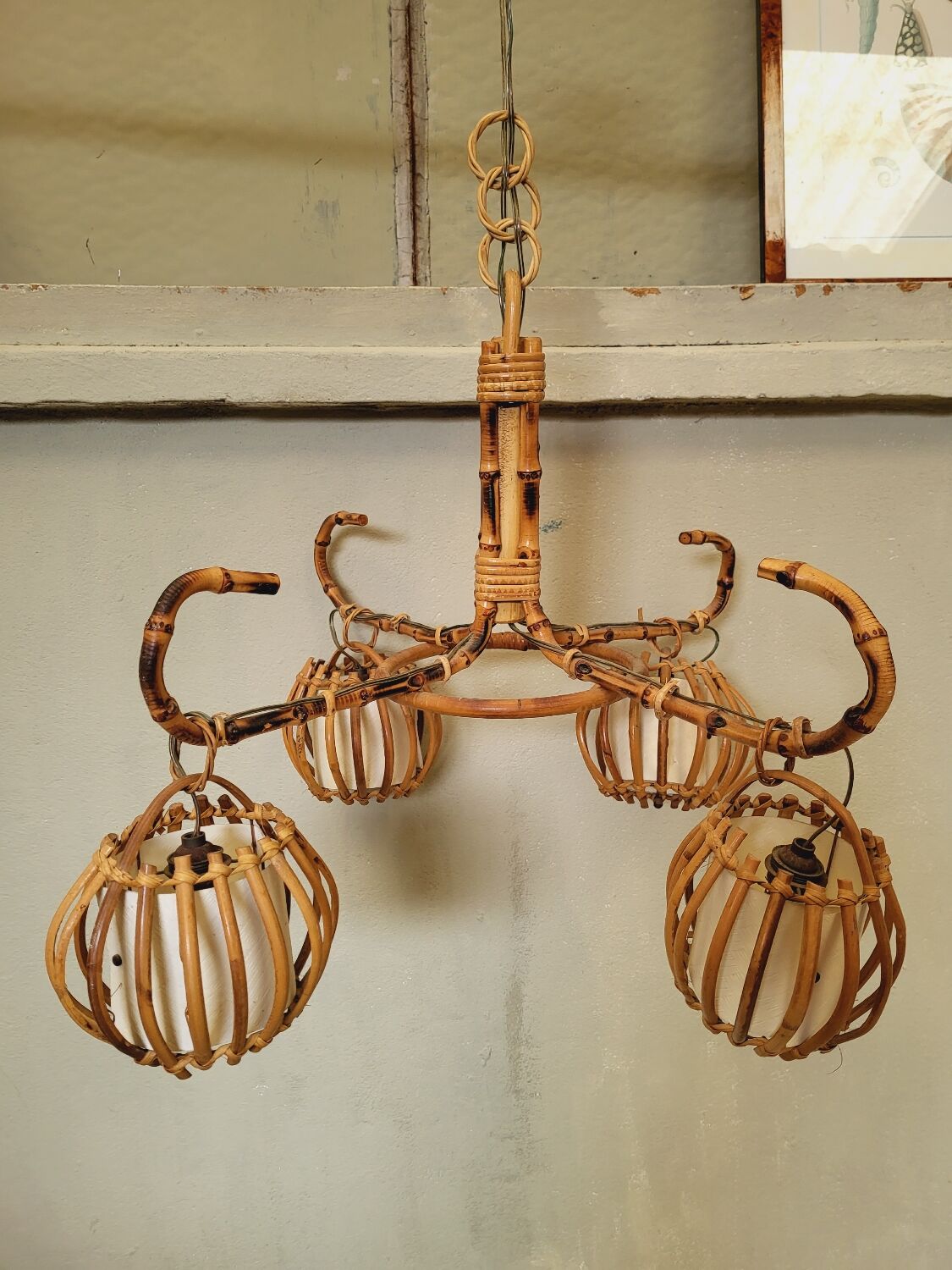 Vintage rattan chandelier 60s 4 branches
