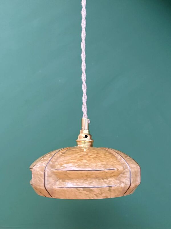 Suspension abat-jour vintage art déco en verre de Clichy jaune et lise