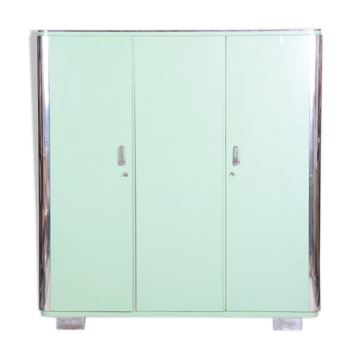 Turquoise Bauhaus three door wardrobe made in 1930s Czechia by Vichr a spol.