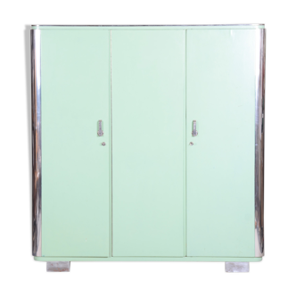Turquoise Bauhaus three door wardrobe made in 1930s Czechia by Vichr a spol.