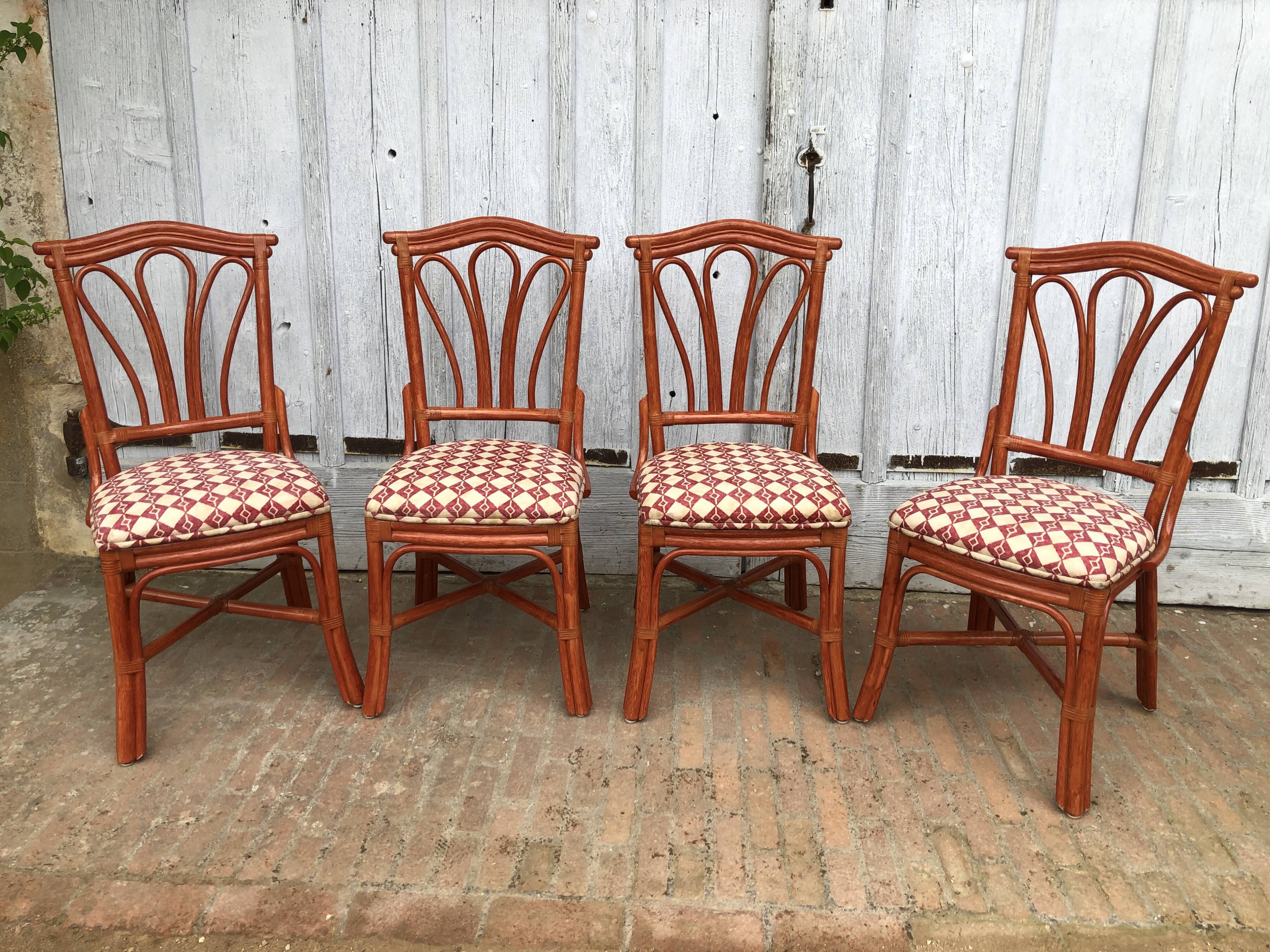 4 chaises bambou et cuir Roche Bobois 1960