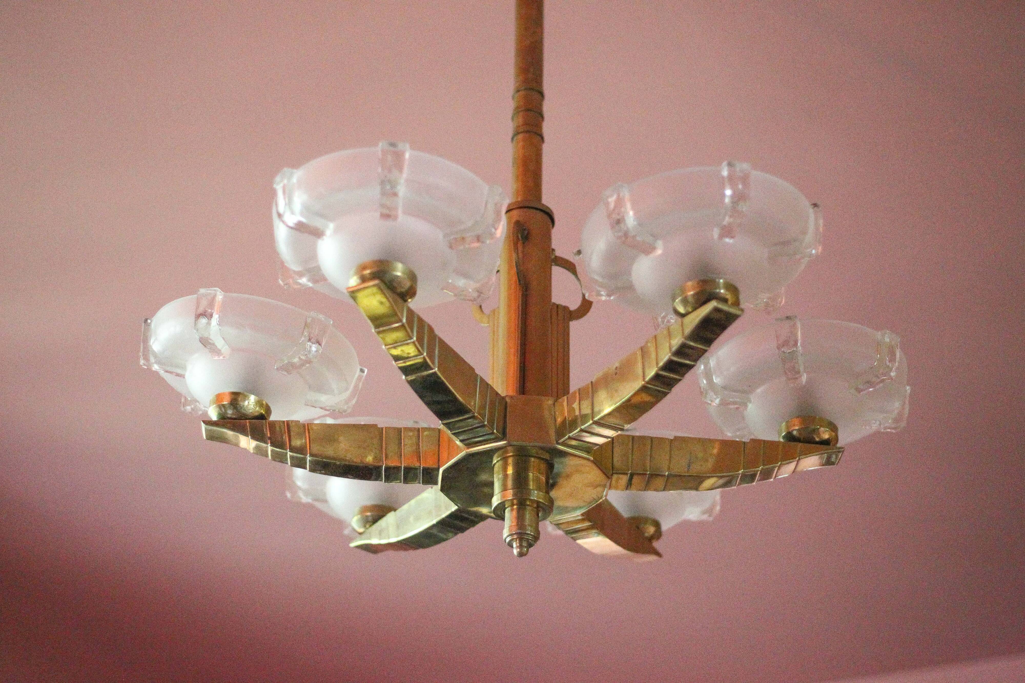 art deco suspension, 6-light Ezan glass globe chandelier, art deco bronze chandelier