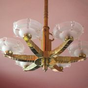 art deco suspension, 6-light Ezan glass globe chandelier, art deco bronze chandelier