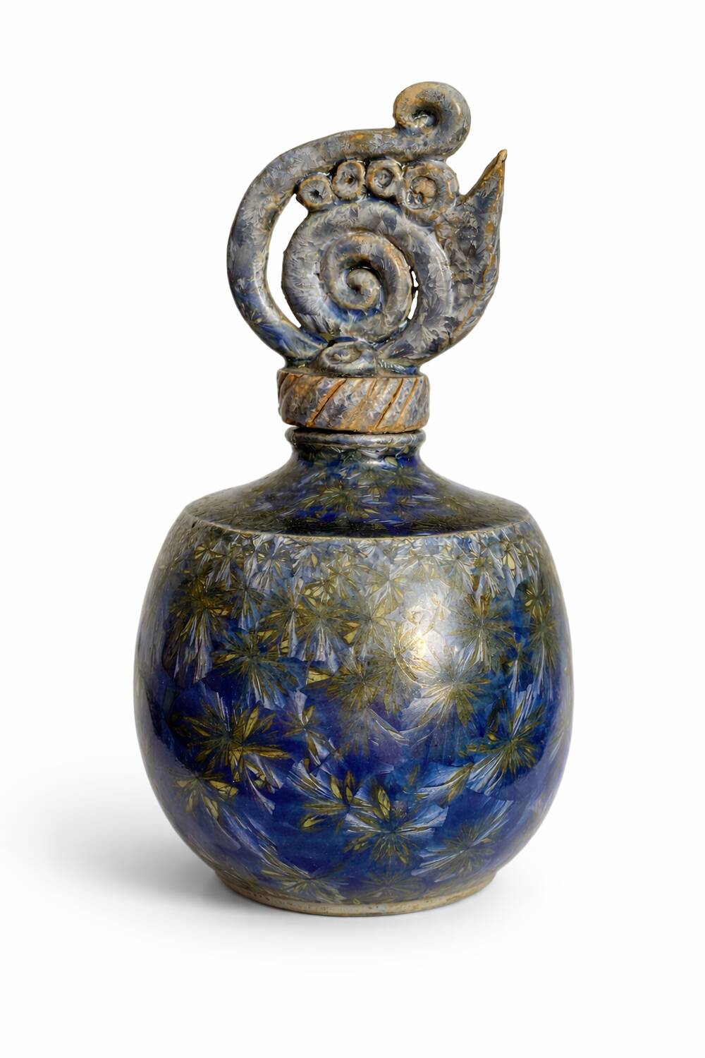 Glazed stoneware bottle with crystallised glaze signed Francoise Roussel.